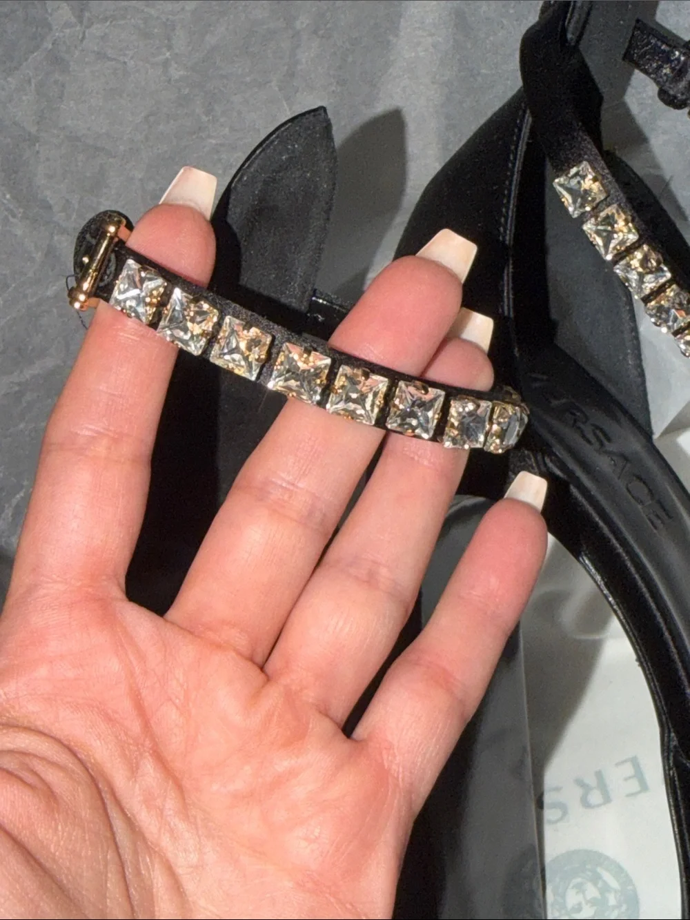 Versace Black Satin Platform Slingback Heels with Crystal-Strap Accents
